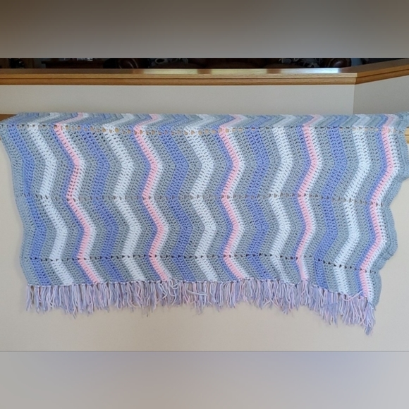 Like New Vintage Hand Crocheted Baby Blanket/Afghan,Gray,Pink,Lilac, 60"×52",EUC - Picture 1 of 8